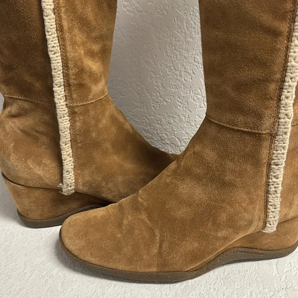 Leather Suede Tan Knee-High wedge Boots 8 - Picture 4 of 13